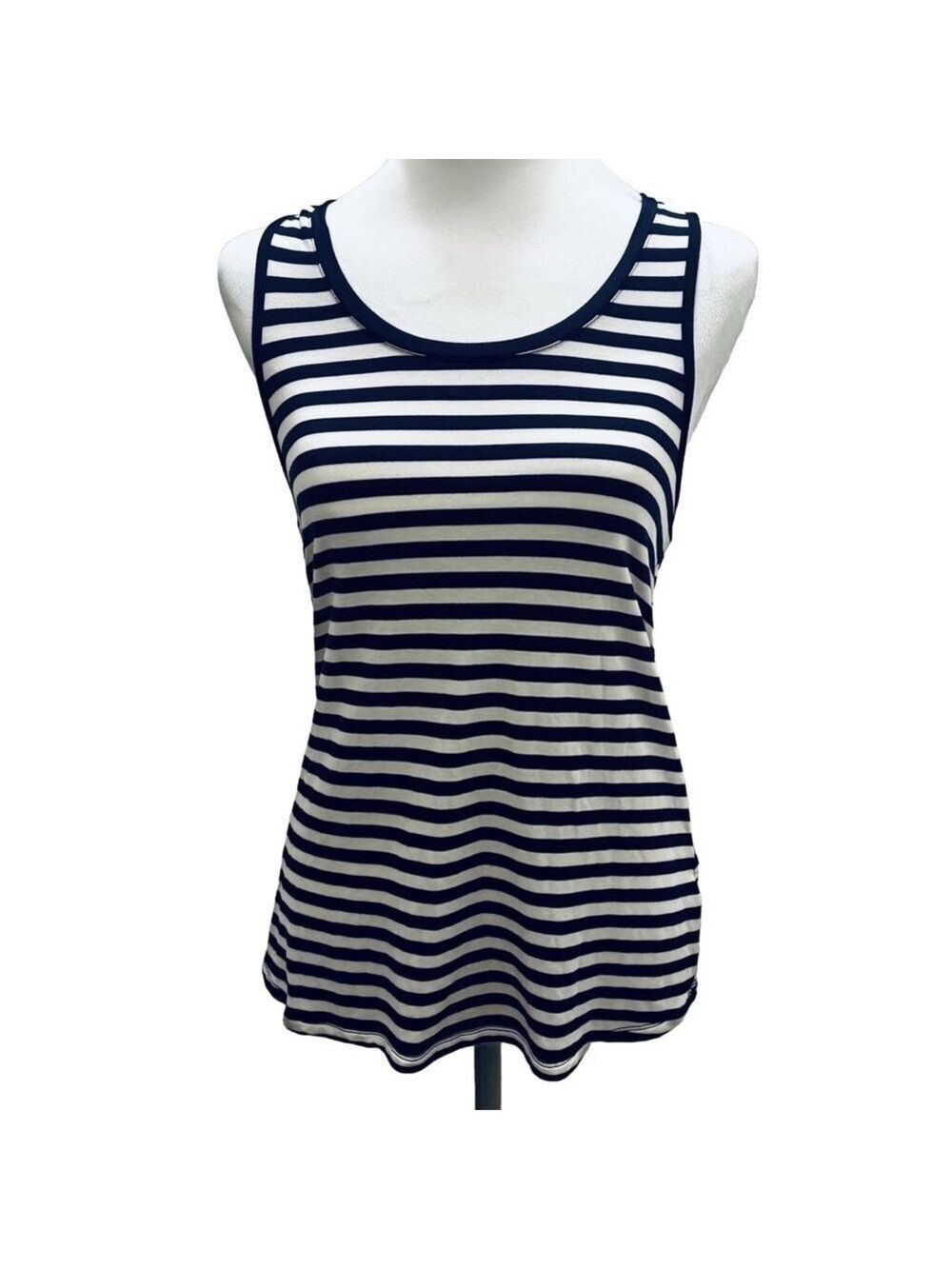Max Studio Navy Blue and White Striped Tank Top